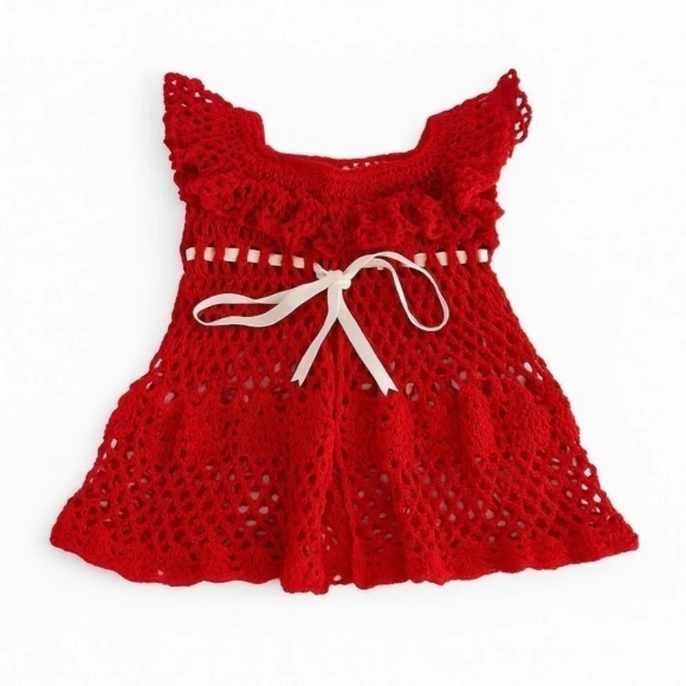 Handmade Red Crochet Baby Dress with Ribbon Bow Girls Kid Vintage Heirloom Style